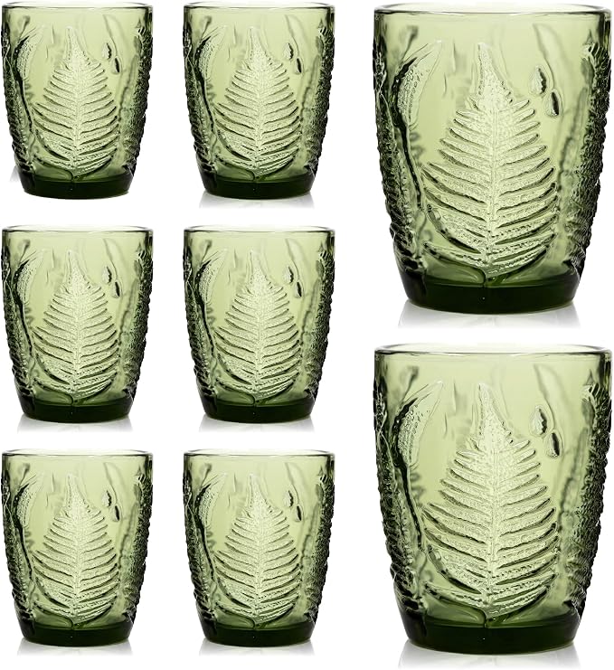 Green Drinking Glasses Set of 8, 10 oz Glass Cups, Vintage Fern Glassware | Hand-Pressed, Dishwasher Safe, Boho Leaf-Textured Drinkware, Colored Embossed Lowball Tumblers for Water, Retro Kitchen Gift