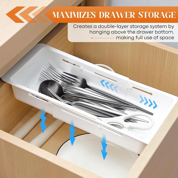 1 Pack Deep Drawer Organizer Adjustable Storage Bin(12.4-17.7") | Adjustable Width Design, Maximize Drawer Storage, Kitchen & Home Organization Solution