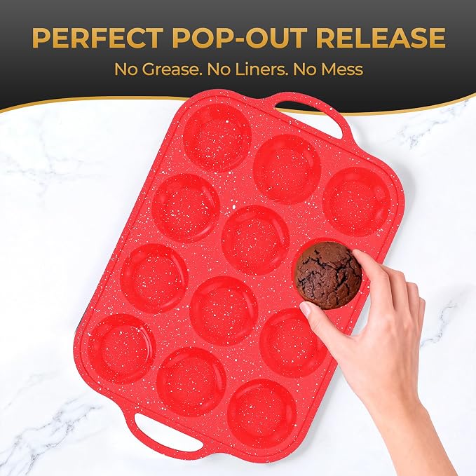 12-Cup Mini Silicone Muffin Pan with Reinforced Steel Frame,Red-Whitedot | Regular Size Cupcake Pan, BPA Free Silicone Muffin Tray, Reinforced Steel Frame for Stability, Easy Baking & Cleanup, 2Pk