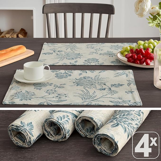 JINCHAN Sliva Linen Floral Placemats Set of 4 Farmhouse 13x19 Inch Blue | Fabric Placemats, Cottage Style, Painterly Floral Pattern, Machine Washable, Easy to Store, Reusable