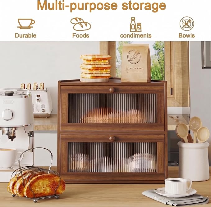 BAMBANG Corner Bread Box for Kitchen Countertop, Double Layer Bamboo Bread Storage Container with Wavy Windows, Farmhouse Large Bread Bin, Wooden Breadbox Holder for Homemade Bread (Brown)