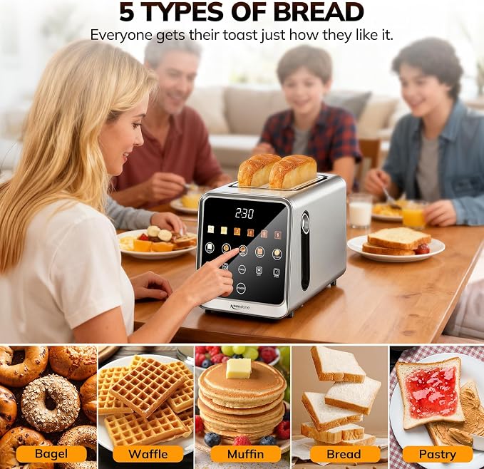 Keenstone Toaster 2 Slice, Digital Smart Toaster with TouchScreen | Dual Control Panel, Single Slot Toasting, Timer, Reheat & Defrost for Bagels, Bread, Waffles, Stainless Steel