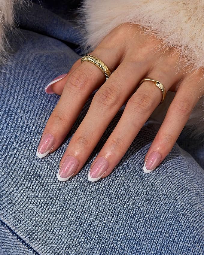 BTArtboxnails XCOATTIPS White French Tip Press On, XS Almond, Pink Glitter | Lamp-Curable 4-Week Wear, Salon Quality Value at Home, Natural Nail Look, Easy-to-Apply for Beginners, 96ct Nail Tips Only