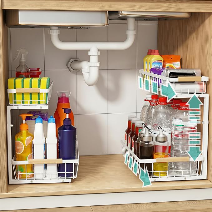 Under Sink Organizer 2 Pack, 2 Tier Pull Out Cabinet Organizers and Storage for Kitchen Bathroom Pantry Laundry, Adjustable Height, Slide Out Thickened Metal Storage Shelf (White, 2 Pack)