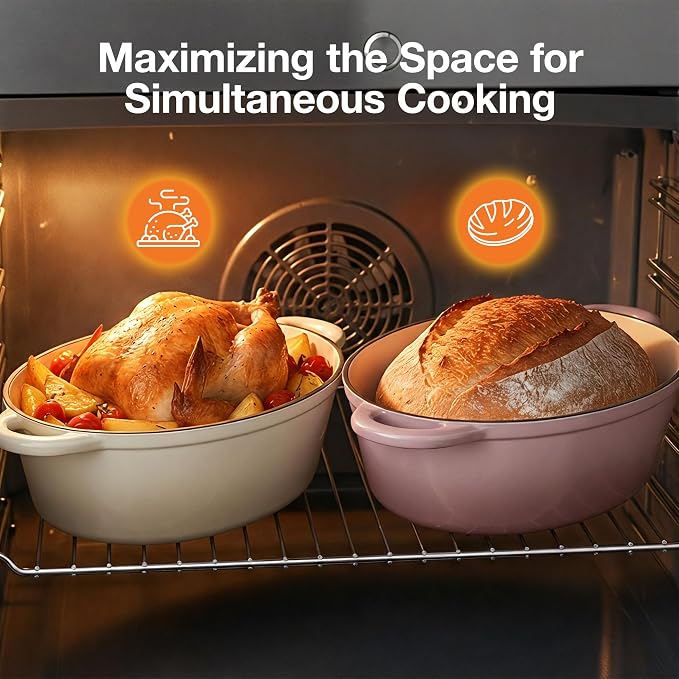 Oval Dutch Oven for Bread Baking, 4.5 Quart Non Stick Enameled Cast Iron Dutch Oven Pot with Lid, Oven Safe Oval Casserole with Lid up to 500°F for Baking, Braising, Stews, Roasting, Pink
