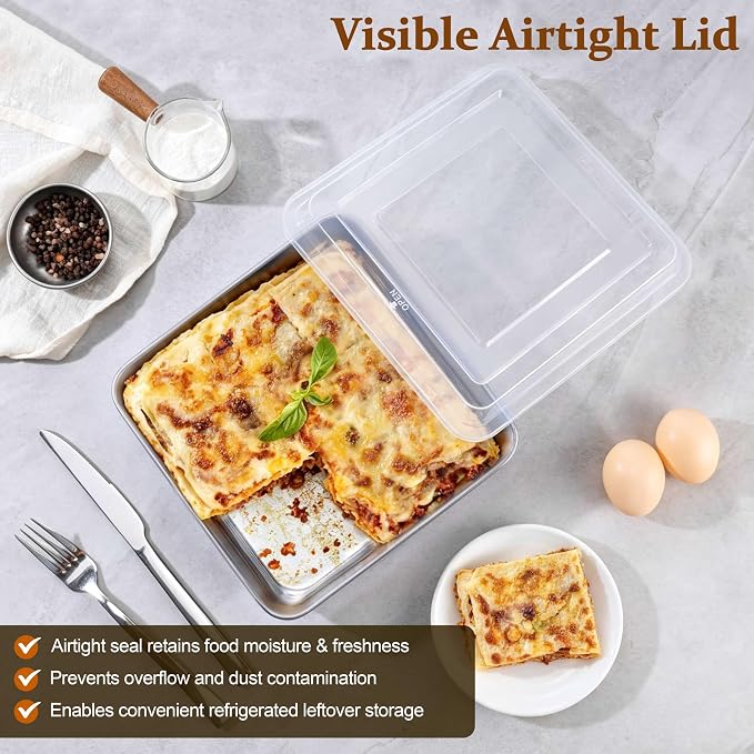 LIANYU Stainless Steel Baking Pan with Lid, 8 x 8 Lasagna Brownie Cake Pan | Square Baking Pan Set, Kitchen Cooking Roasting Dish, Even Heating & Dishwasher Safe (1 Pan +1 Lid )