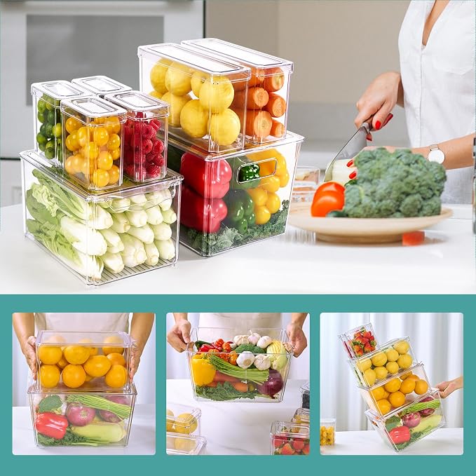 MUCHII 8 Pack Fridge Organizers, Clear Stackable Organizer Bins with Lids | Clear Plastic Stackable with Lids,Pantry Kitchen Organization,Fruit Veggie Produce,Soda Can,Meat Cheese Yogurt,Fridge