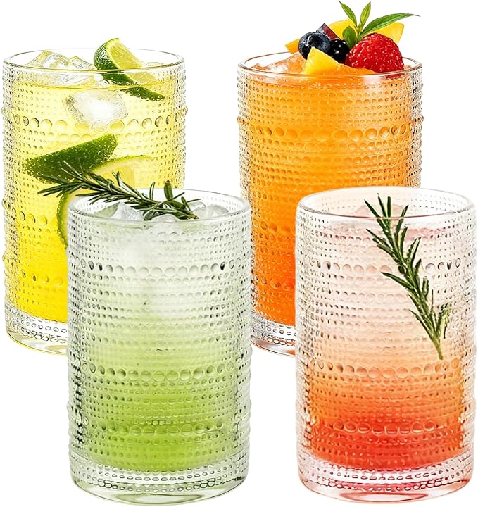 Vintage Hobnail Drinking Glasses Set of 4, 16 Oz Glass Cups with Embossed Retro Design, Clear Glass Tumblers Water Glasses for Kitchen, Cocktail, Beer, Juice, Whiskey, Milk and Everyday Drinks
