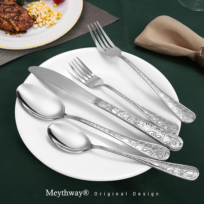 Meythway 40-Piece Vintage Carved Silverware Set for 8, Stainless Steel Flatware Set with Knife/Fork/Spoon, Cutlery Set for Home and Kitchen, Utensil Set with Dishwasher Safe