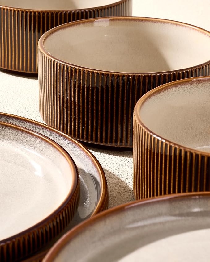 Dinnerware Set for 6, Ceramic Ribbed Plates, Bowls, Dishes | 18-Piece Stoneware Dinner Sets, Handmade Reactive Glaze, Microwave & Dishwasher Safe, Chip & Scratch Resistant, Cream Brown