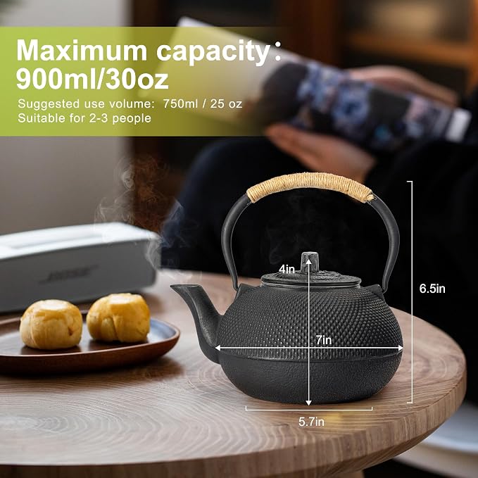 suyika Japanese Tetsubin Cast Iron Teapot Tea Kettle pot with Stainless Steel Infuser for Stovetop Safe Coated with Enameled Interior 30 oz/900 ml