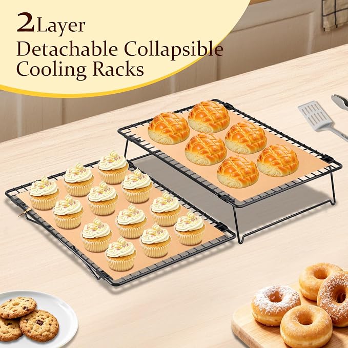 2 Tier Cookie Cooling Rack 13.4"x9.3" with 50 Pcs Baking Paper | Wire Cooling Rack with Collapsible Legs, Heavy Duty Cooling Racks for Cookie, Cake, Pizza, Grilling, Drying