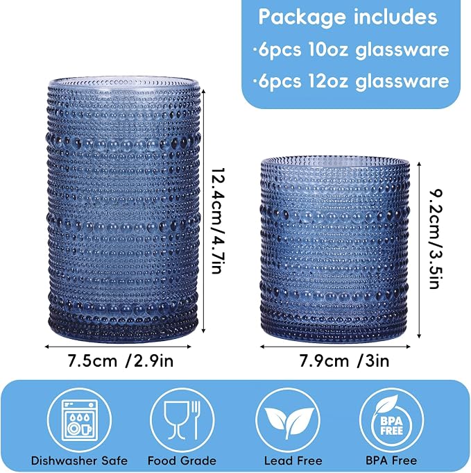 Moretoes 12 Pack Blue Hobnail Drinking Glasses,Vintage Water Glass Cups | Mixed Glassware Set, 6pcs 12oz Highballs and 6pcs 10oz Old Fashioned Glasses, Great for Cocktail, Whisky and Other Beverages