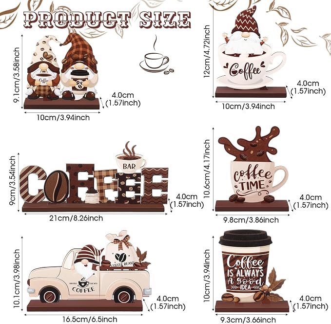 Blosssound Coffee 6 Pcs Bar Sign Bar Decor Accessories,Brown | Farmhouse Coffee Wood Tiered Tray Table Centerpiece, Gnomes Truck, Rustic Bar Accessories, Kitchen Counter Home Tabletop