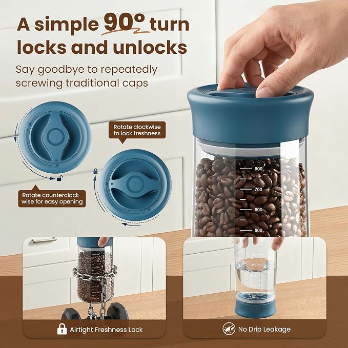 Airtight Glass Storage Jar 27 oz, Easy Open 1/4-Turn Lid Coffee Container | Easy-Open Quarter-Turn Lid, Airtight, Food Grade, Transparency, with Scale
