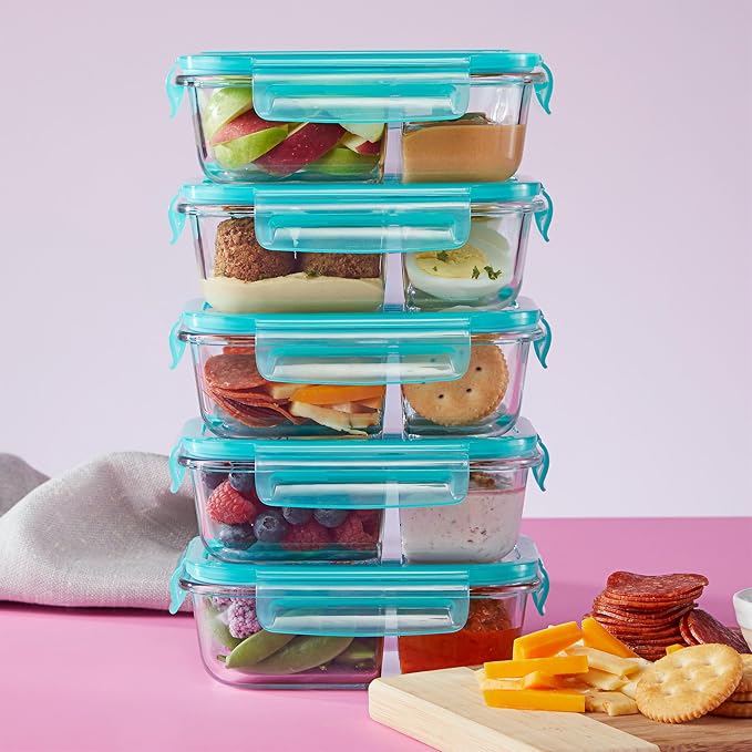Pyrex Glass Meal Box (5-Pack, 2.3 Cup) Divided Compartments, Locking Lids | For meal prepping and portioning, BPA-Free, microwave & dishwasher safe