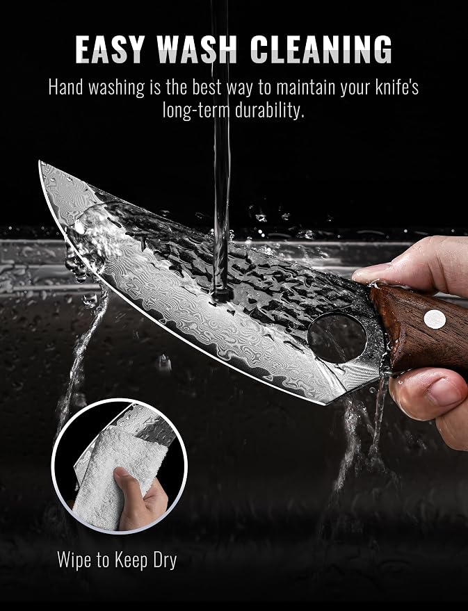 Damascus Chef Knife, 6.3" Japanese 67-Layer Steel, Walnut Handle | Includes leather sheath and gift box, designed for kitchen use, BBQ, camping, and outdoor cooking.
