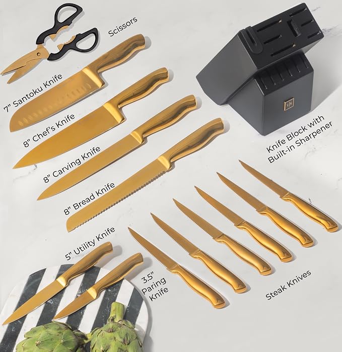 Styled Settings Gold Knife Set with Block and Built-In Sharpener, 14-Piece | Full Tang Titanium-Coated Stainless Steel Gold Kitchen Knife Set with Self-Sharpening Block, Gold Kitchen Accessories