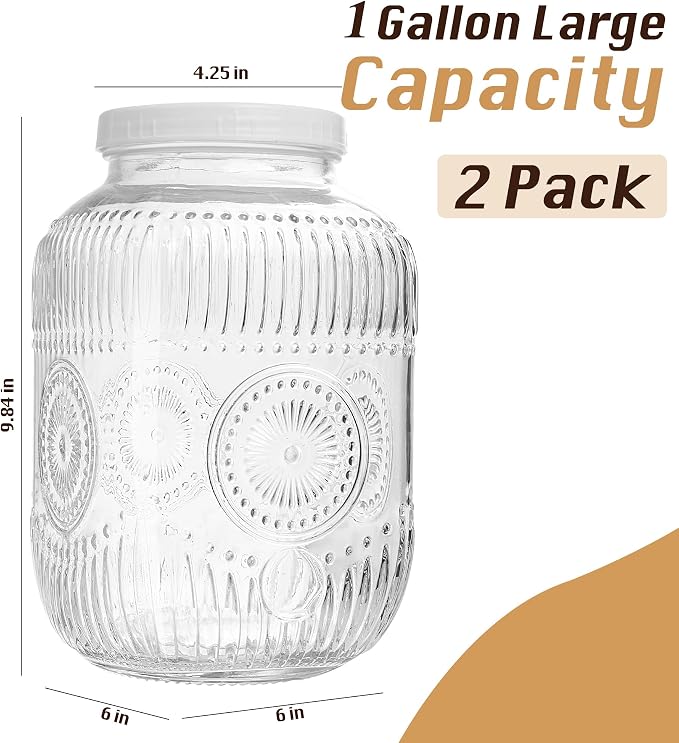 Amzcku 128 oz Vintage Mason Jars with Lids, Regular Mouth Canning Jar, Safe For Storage, Canning, Pickling, Preserving, Fermenting, DIY Crafts & Decor 2 Pack