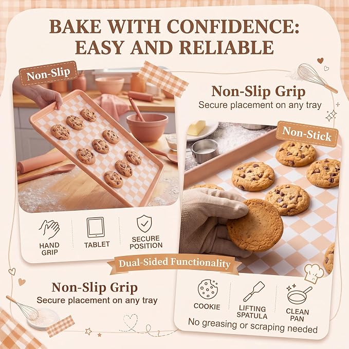 2 Pcs Checkered Silicone Baking Mat Non-stick Reusable Oven Liner, Food Grade Silicone Roasting Mat with Anti-slip Grid Design for Baking, Oven, Air Fryer(Yellow and White, 17 x 25 Inch)