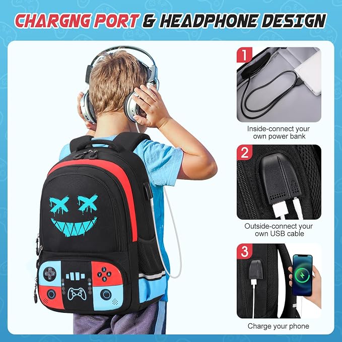 Backpack for School Boys, Cool Luminous Gamer Boys Schoolbag | with Lunch Box & Pencil Case Set for Kids Teens Elementary Middle School, Bookbag Glow In The Dark
