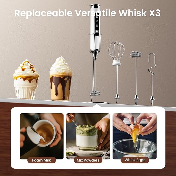 YUSWKO Milk Frother Wand for Coffee with Stand, Coffee Frother Handheld | Rechargeable Drink Mixer Wand, Waterproof Electric Whisk for Protein Powder, Lattes, 3 Variable Speeds 3 Whisks, White