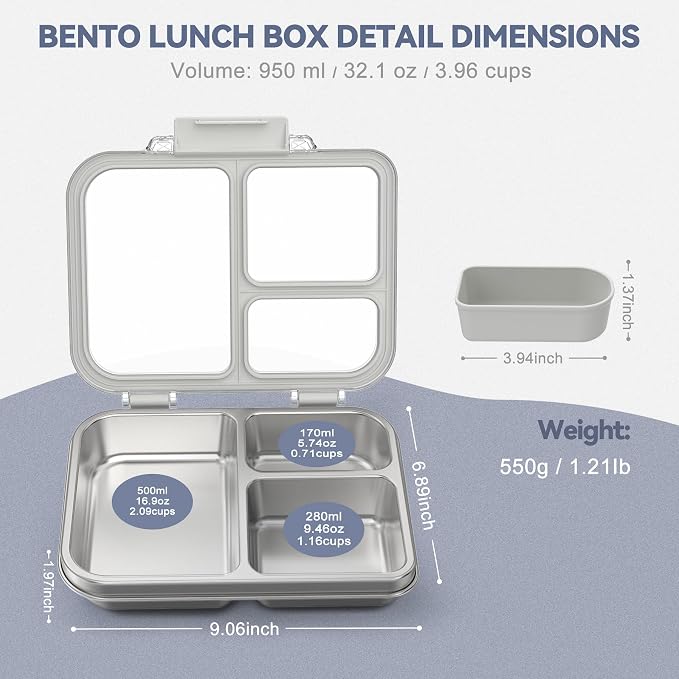 Stainless Steel Bento Box for Kids, 3-Compartment Metal Lunch Box with Clear Lid & Removable Silicone, Lunch Box Kids with Silicone Inner Container for Meal Prep, School, Office (Grey)