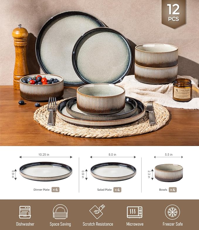 GBHOME Stoneware Dinnerware Sets for 4, 12-Piece Plates and Bowls Set | Handmade Reactive Glaze Ceramic Dish Set, Scratch Resistant, Dishwasher&Microwave Safe,Mocha & Sage