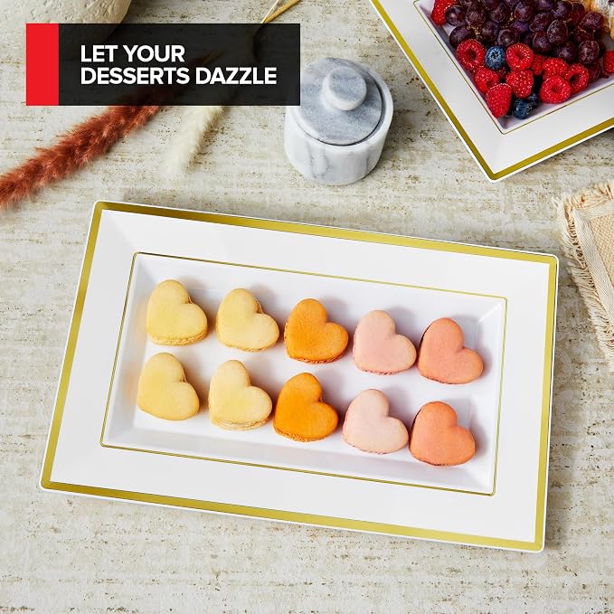 (120 Pcs) Premium White and Gold Plastic Serving Tray, Plastic Serving Platter Disposable, White Rectangle Party Trays and Platters for Fruit, Dessert, Cookies, Appetizers, Holiday Parties