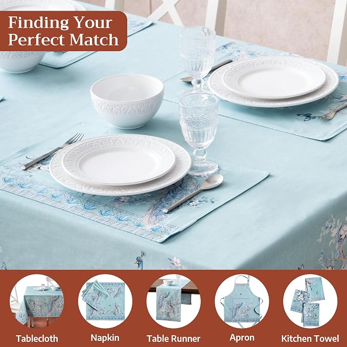 Maison d' Hermine Placemats Set of 4 Reusable 100% Combed Cotton (13"x19") | Cloth Place Mats Washable Table Mats for Kitchen Dining Home Restaurant Spring Summer - Peacock Utopia - Pastel Turquoise