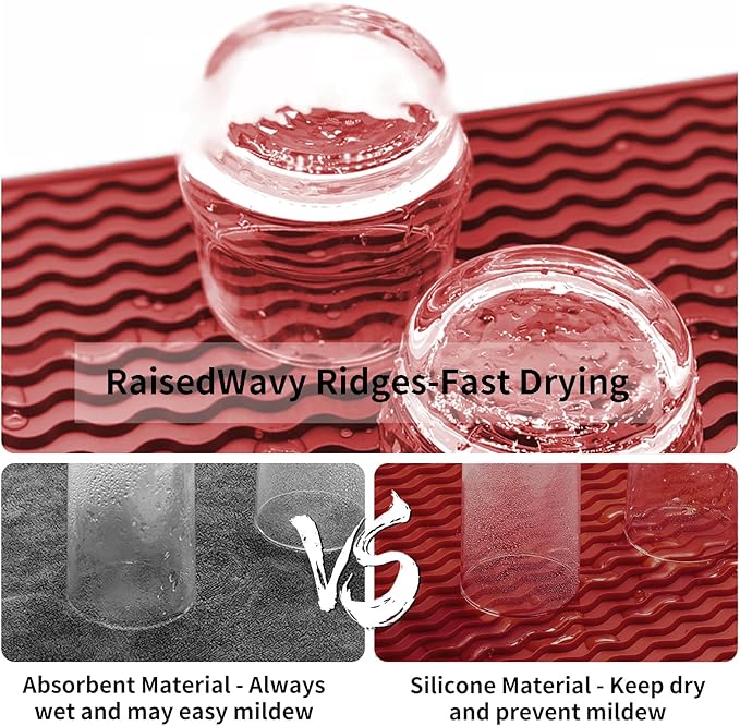 ZLR Silicone Dish Drying Mat for Kitchen Counter, 16"x12", Lava Red | Fast-Dry Wavy Ridges, Raised Edges Contain Water, Heat-Resistant Trivet to 450°F, 5mm Thick, Non-Slip, Dishwasher Safe