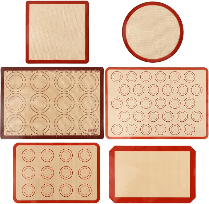 Silicone Baking Mat Set of 6, Reusable Baking Sheet Set Food Grade Oven Liner Sheet Non-Stick & Easy Clean Pastry Board Rolling Dough Mats for Macaron, Cookie, Pizza, Bread