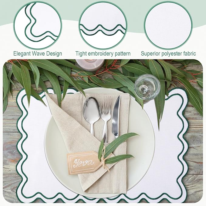 HunnmingRe White with Dark Green Set of 6 Cotton Linen Wedding Placemats, 13x19 Inch Scalloped Wavy Embroidery Placemat Double Layered Washable Rustic Rectangle Dinner Table Mat for Home Decor