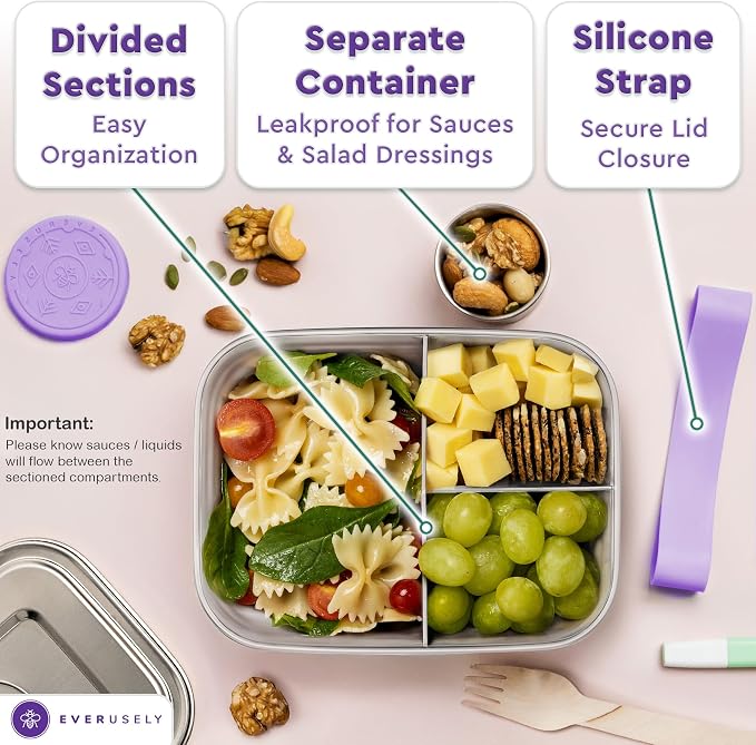 Stainless Steel Bento Box + Condiment Container - Lavender, 37oz / 1.1 L | Everusely metal lunch box, leakproof sauce container, 3 compartment snack organizer for travel, freezer & dishwasher safe