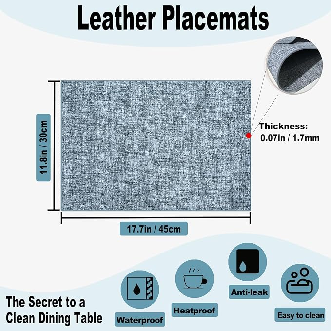 Faux Leather Placemats Set of 6, 11.8"x17.7", Sky Blue | Reversible Table Mats, Waterproof, Stain & Heat Resistant, Easy Clean for Dining, Gatherings, Outdoor
