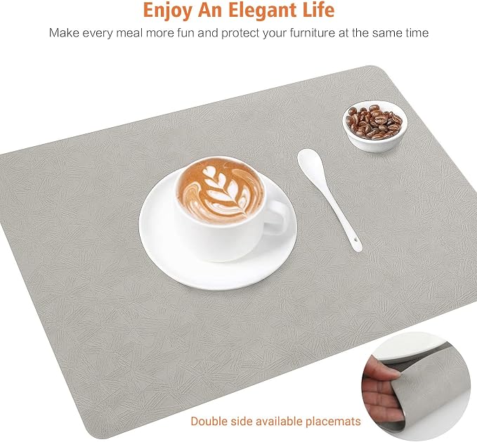 Light Gray Vinyl Placemats Set of 6 Waterproof Wipeable Table Mats | Heat Resistant Easy Clean Place Mats Faux Leather Table Mats Washable PVC Table Placemats for Dining Table(Light Gray)