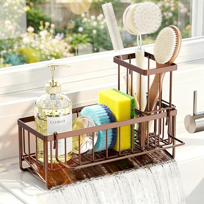 Slanted Sponge Holder for Kitchen Sink, Stainless Steel Sink Caddy Multi Sponge Holder, Small 9.65" × 3.74" × 6.3" Organizer for Apartment, Dorm, RV, Small Kitchen Countertop (Brown)