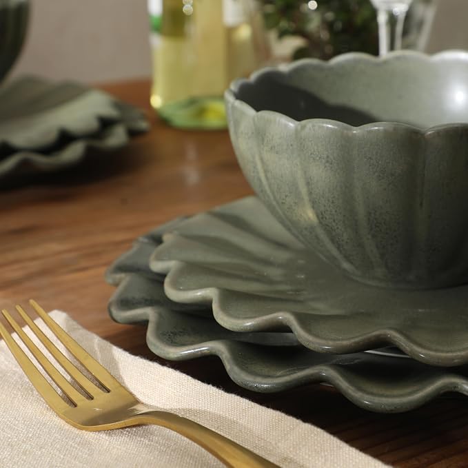 Gibson Elite Bistro Fleur Plates and Bowls Sets, 12-Piece Stoneware Dinnerware Set for 4, Matte Green Scalloped Dish Set with Dinner Plates, Salad Plates & Bowls