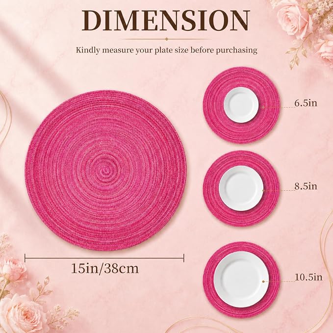 TaroKitc 15 in Round Placemats Set of 4, Washable Woven Placemats Heat Resistant Cotton Polyester Braided Table Mat, Non-Slip Circle Place Mats for Kitchen Dining Table Decor - Pink