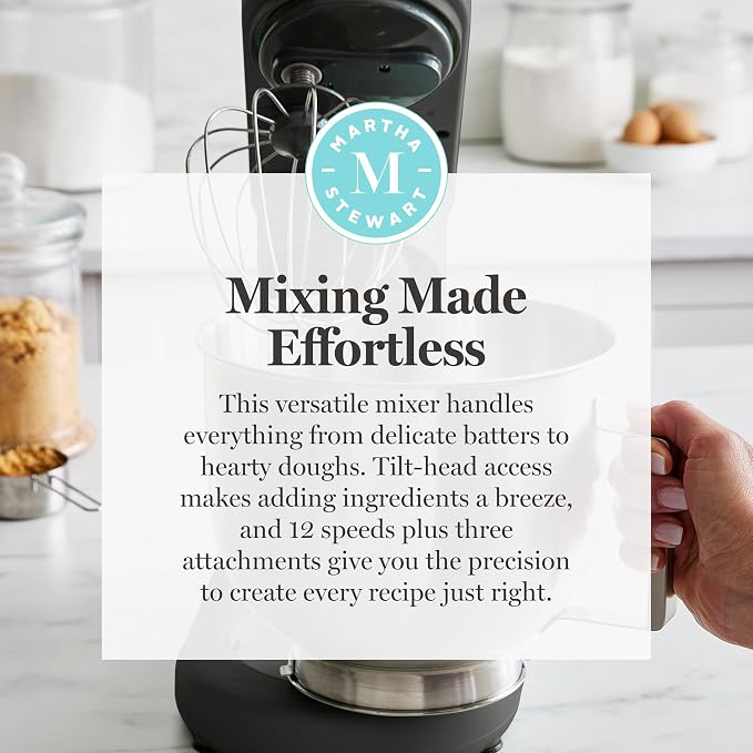 Martha Stewart 5.3QT Tilt Head Stand Mixer, 12 Speeds, Stainless Steel Bowl | Dough Hook, Stainless Whisk, Beater, Removable Splash Shield, Bread, Cake & Whipping, Electric Kitchen Mixer, Caviar Gray
