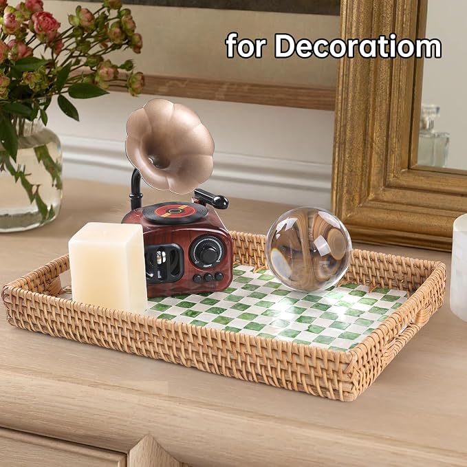 Rectangle Rattan Tray with Mother of Pearl Inlay, Rattan Serving Tray with Handle for Coffee, Bread, Fruits, Decorative Wicker Tray for Table Decor (Rectangle Green Checkerboard, 13"×9")