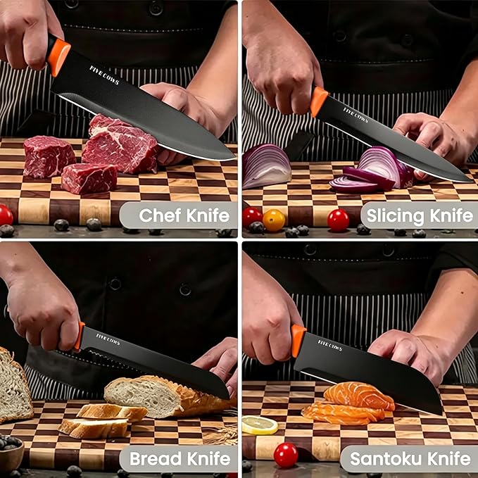 14 Pcs Kitchen Knife Block Set with Sharpener German High Carbon Stainless Steel Chef Knives, Razor-Sharp & Durable, Lightweight Anti-Slip Handle, Professional Set for Home & Kitchen (Orange)