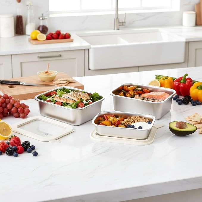 Stainless Steel Food Containers with Glass Lid, Airtight Leakproof Stainless Steel Storage Containers in set of 3, Rectangle Shape, Microwave Safe Food Storage Container Set, 100% Plastic Free
