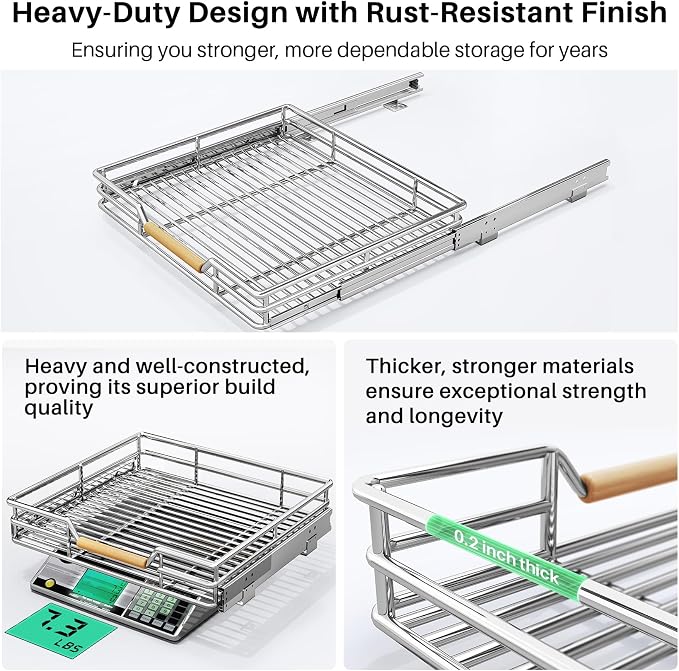 Pull out Cabinet Organizer, 18"W X 21"D, Heavy Duty Smooth Sliding Under Cabinet Shelves for Pots and Pans, Full-Extension Roll out Drawers, Slide out Organization for Home Kitchen Pantry