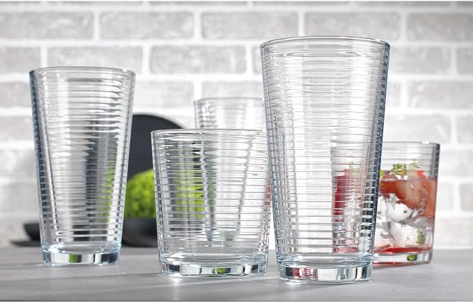 Le'raze Set of 16 Heavy Base Ribbed Durable Drinking Glasses Includes 8 Cooler Glasses (17oz) and 8 Rocks Glasses (13oz), Clear Glass Cups - Elegant Glassware Set