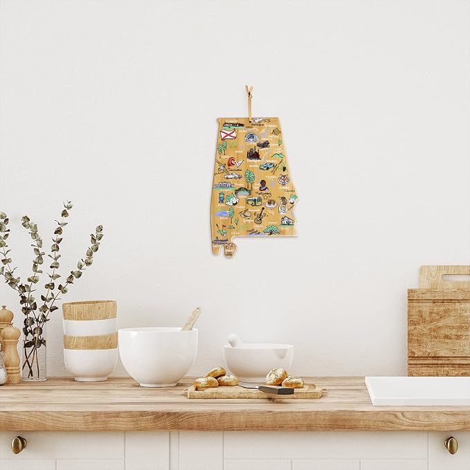 Totally Bamboo Alabama State Shaped Cutting Board, Art by Fish Kiss | State charcuterie board with colorful hand-drawn map artwork. Smooth reverse side for food prep. Hang tie for wall display.