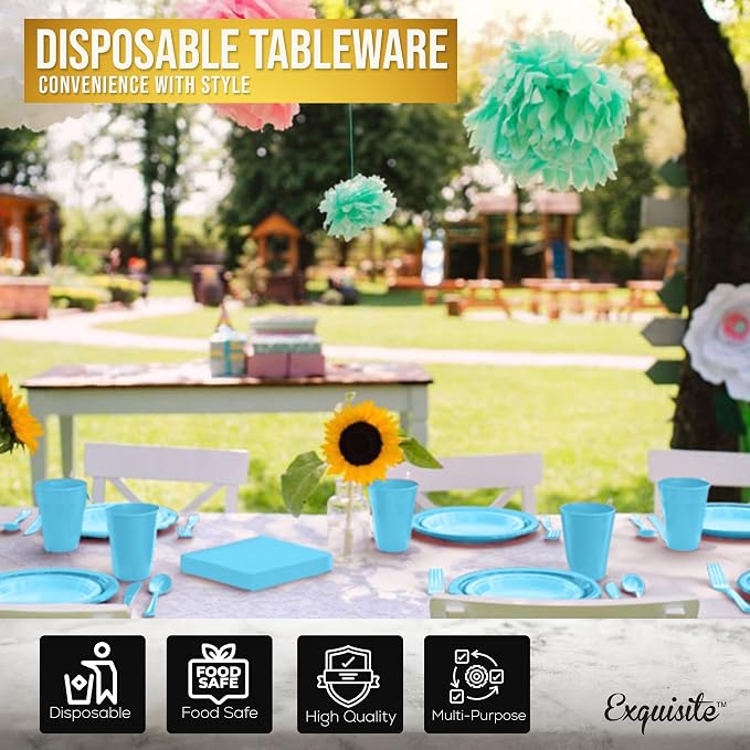 350 Pcs Light Blue Plastic Plates For Party, Light Blue Disposable Plates Set, 50 Of Each 9" Dinner Plate Set, 7" Dessert Plate, Cups, Napkins & Cutlery Plastic Dinnerware Set Exquisite