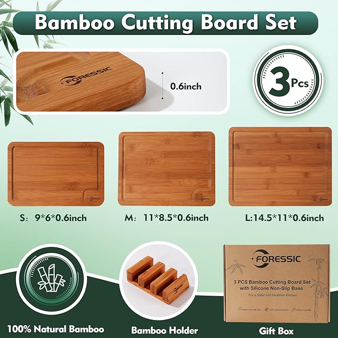 Bamboo Cutting Board, Non Slip Wood Cutting Boards for Kitchen 3 Packs Holder and Over Sink Nice Solid Thick Durable Cutting Boards for Kitchen Large Small Vegetables Fruits Kitchen Gifts (Carbonized)