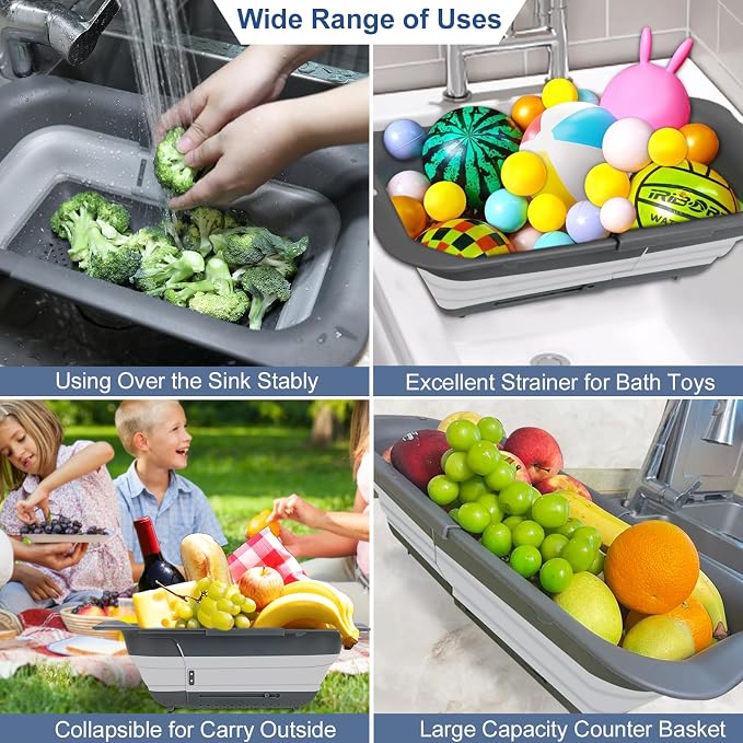 ROTTOGOON Collapsible Colander Strainer, Expandable Over the Sink Colander for Kitchen, Adjustable Silicone Sink Strainer, Foldable Large Colanders Basket to Wash Vegetable, Fruit, 15" to 19.8", Gray