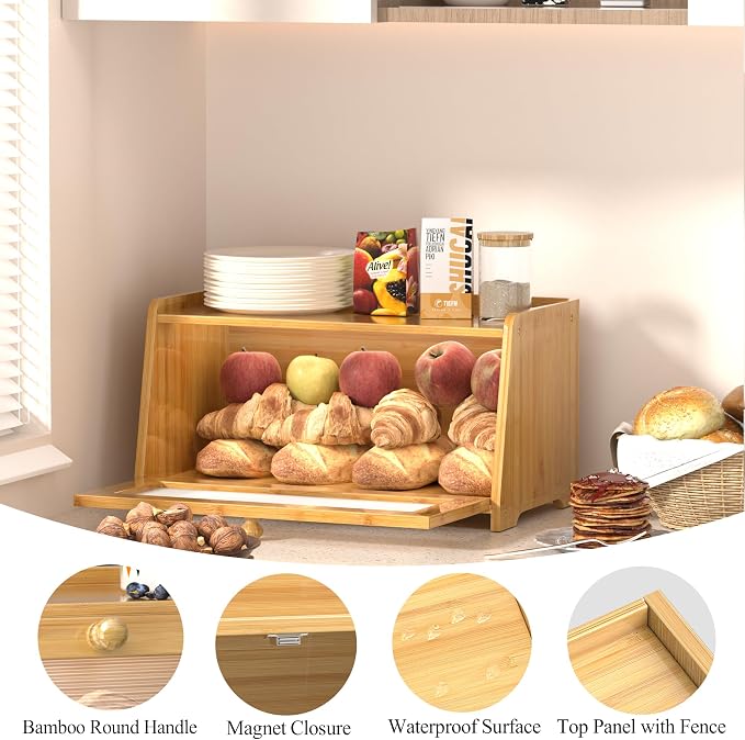 Bread Box for Kitchen Countertop, Vintage Wooden Counter Breadbox, Bamboo Bread Storage Container Bin for Homemade Bread, Small Farmhouse Corner Breadbox Organizer with Acrylic Window, Natural